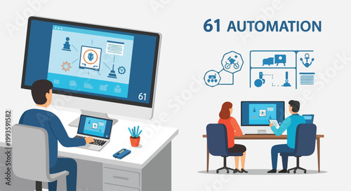 Modern office automation concept with employees working on computers and digital interfaces, business technology and efficiency