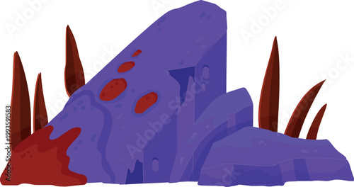 Purple alien planet rock formation with red spots isolated on transparent background