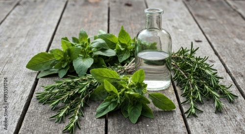 Fresh herbs, clear bottle on weathered wood. Natural, rustic still life