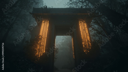 An ornate illuminated gateway stands shrouded in mist evoking a sense of mystery and ancient power