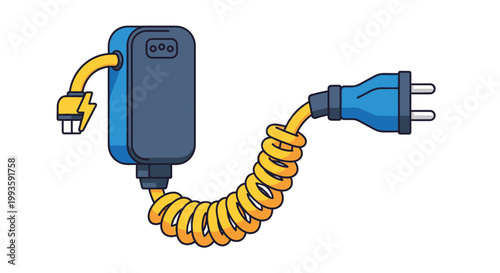 A cartoon illustration of a phone charger with a yellow coiled cord and blue plug