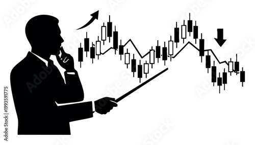 Businessman silhouette analyzing a complex stock market candlestick chart, showing up and down trends and an investment arrow