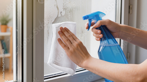 Fotografie cleaning the window,
Action shot of cleaning a window pane