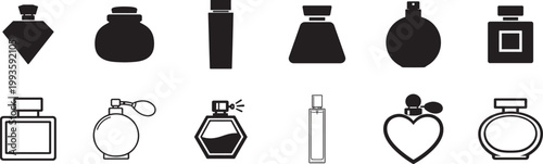 Perfume bottle icon set with line and glyph styles, fragrance symbols, elegant vector pack.