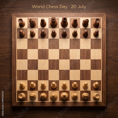 World Chess Day 20 July Overhead View of a Perfect Walnut Wooden Chessboard Ready to Play