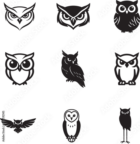 Owl icon set with nocturnal bird shapes, clean vector symbols, minimal wildlife illustration pack.