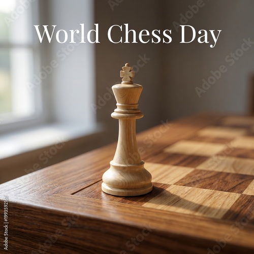 World Chess Day Elegant Wooden King Piece Standing Tall on a Sunlit Chessboard
