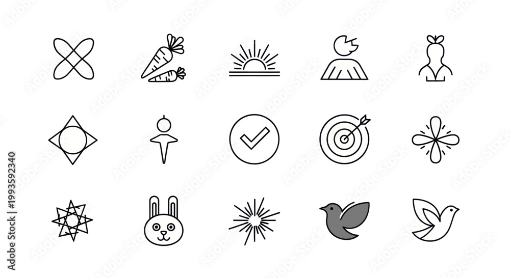 Fototapeta premium Minimalist Icon Set: Abstract Shapes, Nature, and Symbols for Web Design