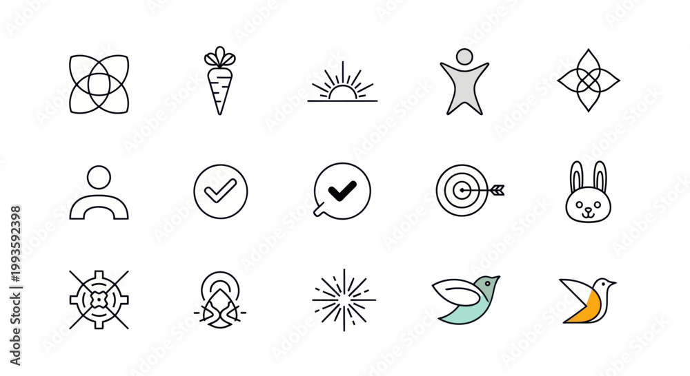 Fototapeta premium Minimalist Icon Set: Abstract Symbols, Nature, Business, and Lifestyle Elements