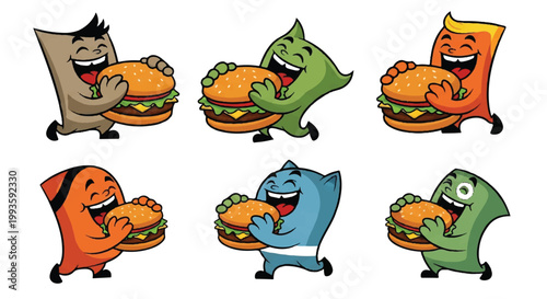 Cartoon characters enjoying hamburgers illustration