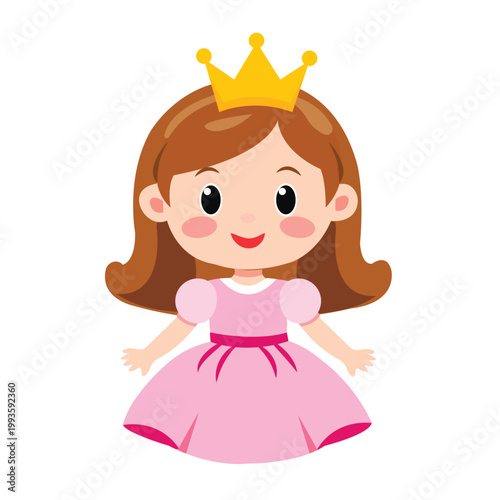 A cute cartoon princess with brown hair and a golden crown. The girl is wearing a pink dress with a full skirt, with large expressive eyes and rosy cheeks.