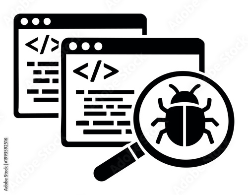 Debugging software code, finding bugs in programming. Magnifying glass detecting error symbols within development UI for quality assurance