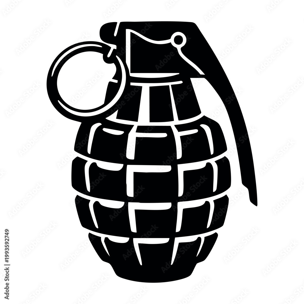 Naklejka premium Grenade icon representing military weaponry, danger, conflict, explosion, and power. Simple black and white vector graphic