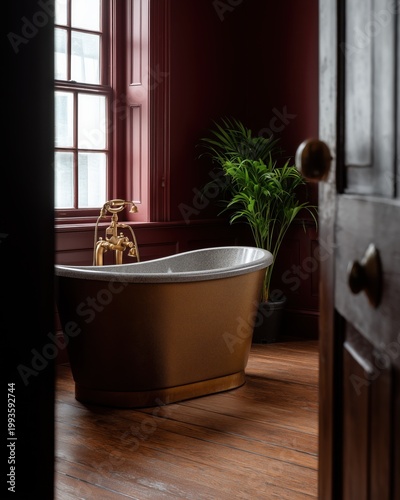 Luxurious Bathroom Retreat: An inviting, lavish bathroom scene, with a freestanding golden bathtub as its centerpiece, situated near a window that reveals a serene atmosphere.