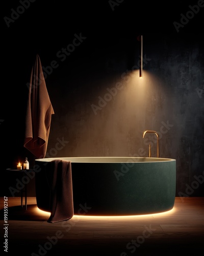 Serene Bathtub Oasis: An inviting oasis of relaxation in the form of a luxurious, modern bathtub, illuminated by soft ambient lighting, evoking a sense of tranquility.