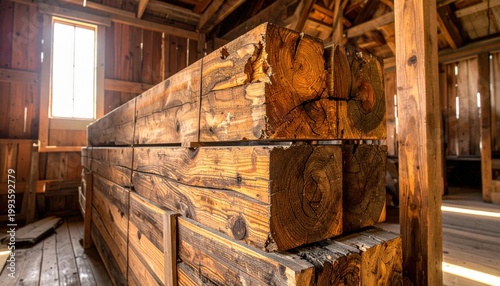 A robust stack of aged, reclaimed wooden beams displaying their unique grain and character, stored in a warm, rustic indoor setting.