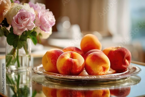 Elegant Table Setting with Fresh Peaches and Floral Arrangement
