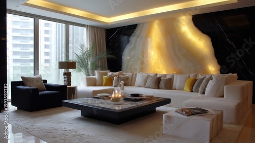 Luxurious Living Room Interior: This image showcases a modern and stylish living room interior, filled with elegant furnishings, creating a sense of sophisticated comfort and opulence.