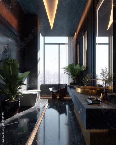 Luxury Bathing Suite: An elegant and stylish bathroom showcases sleek lines, luxurious finishes, and natural light, creating a tranquil oasis for relaxation and rejuvenation. 