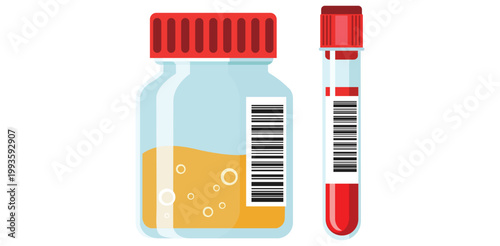 A medical illustration of a test tube and a bottle with barcodes on a white background