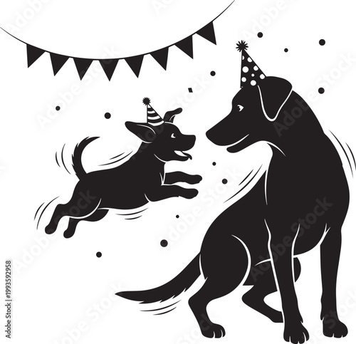 Witch cat and kitten silhouette characters playing with small pointy hat and toy ball during halloween holiday celebration.