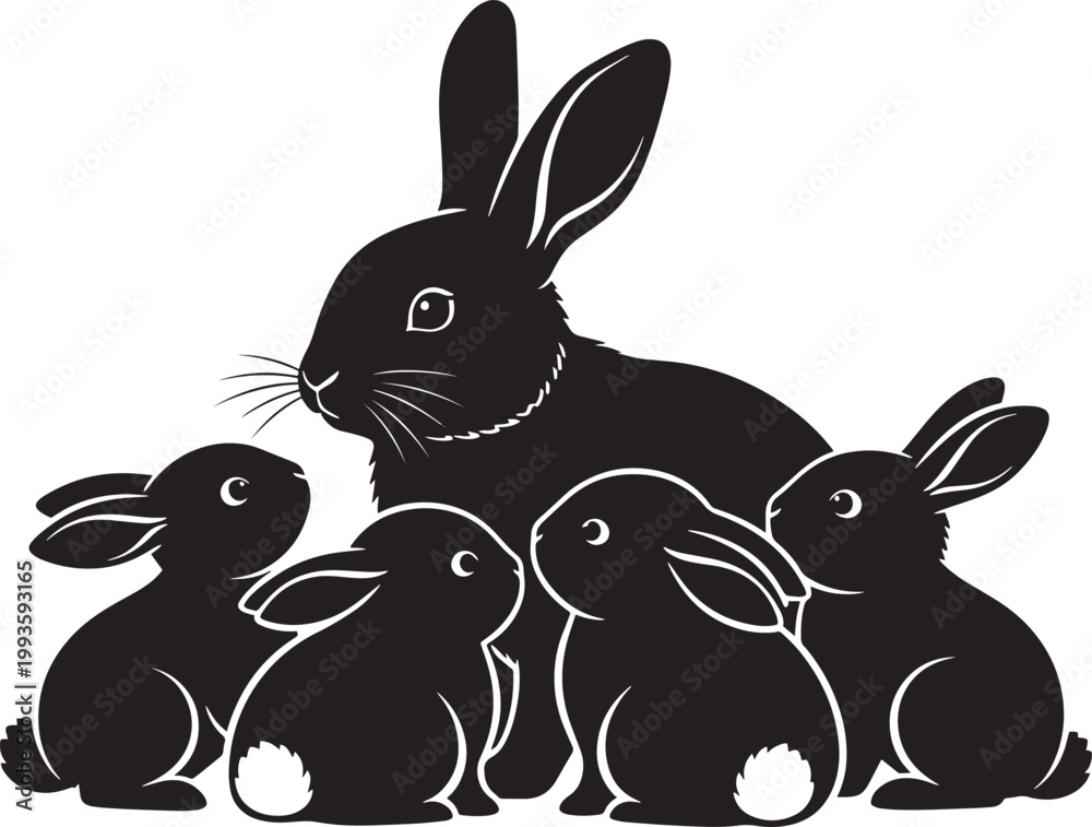 Fototapeta premium Rabbit mother with four bunnies silhouette vector illustration for easter greeting card and domestic pet breeding theme design.