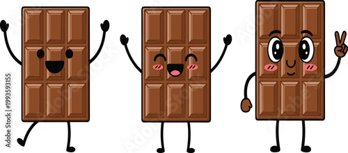 Cute Kawaii Cartoon Milk Chocolate Bar Character Set with Happy Funny Face Expression Waving Peace Sign Vector Illustration Mascot Design Collection