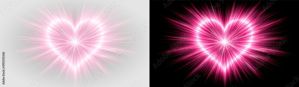 Fototapeta premium Radiant pink heart starburst glow light rays romantic sparkle effect png overlay element, on transparent background