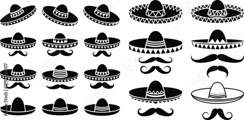 Mexican sombrero and mustache icon set, traditional black and white mariachi hat vectors, decorative cinco de mayo party elements for graphic design