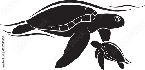 Swimming sea turtles silhouette illustration depicting mother and baby hatchling gliding through water on transparent background vector.