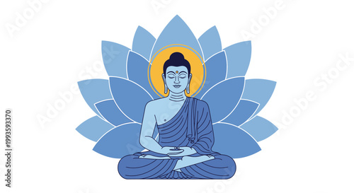 Meditating Buddha with Blue Lotus Flower and Golden Halo Illustration
