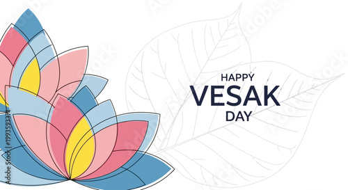 Happy Vesak Day greeting with colorful lotus flowers and Bodhi leaves.