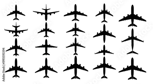 Collection of diverse passenger airplane silhouettes for travel and aviation designs.