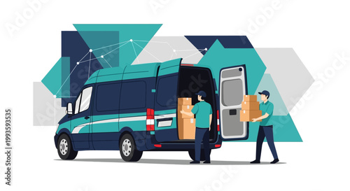 Delivery workers loading packages into a van.