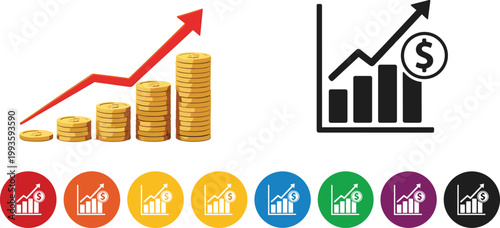 Financial growth and profit increase concept with rising arrow, stacked coins, business chart icons and colorful analytics symbols for investment and economy illustration