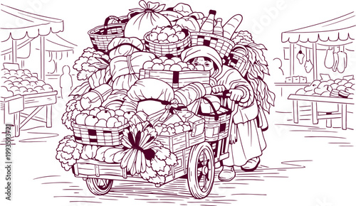 Woman Pushes Overloaded Cart at Food Market