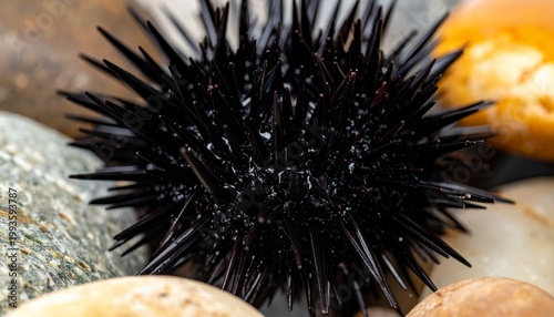 Intricate close up of a spiny black sea urchin revealing its sharp protective texture and marine habitat details