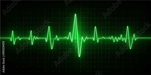 A medical blue electrocardiogram line monitors the life pulse rate on a heart beat cardiogram graphic to test cardiology health in a hospital