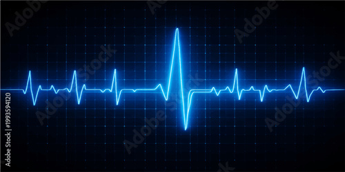 Blue hospital monitor displaying a medical electrocardiogram heart beat graph with a pulsing life line wave for cardiology health healthcare testing