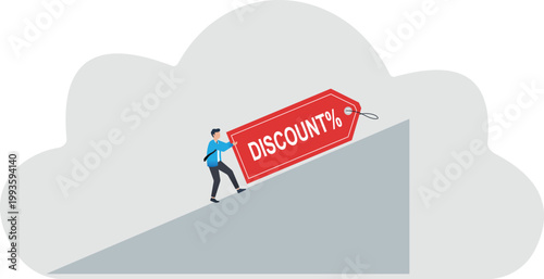 Businessman pushing heavy discount percentage tag up a steep hill concept.