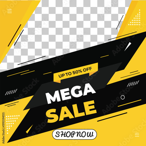A vibrant mega sale advertisement with a bold black and yellow design