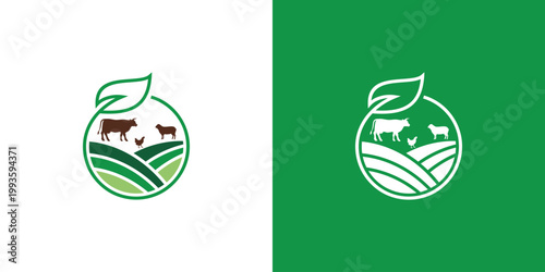 Farm logo design with animals and green fields for organic products.
