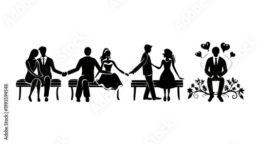 A collection of a couple in love silhouettes holding hands, hugging, sitting on a bench, wedding invitation style, elegant and slender shapes, solid black, flat vector isolated on white background. 