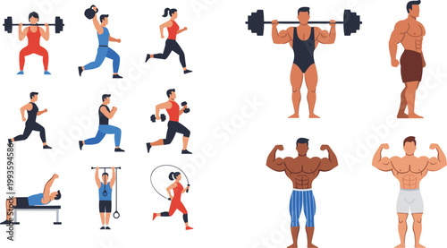 Fitness Workout and Bodybuilding Vector Set Featuring Athletes Running Lifting Weights and Flexing Muscles for Gym Training and Healthy Lifestyle Design