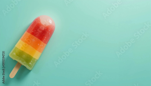 Colorful layered ice pop with red, orange, yellow, and green sections on a light blue background, showcasing a refreshing summer treat for all ages