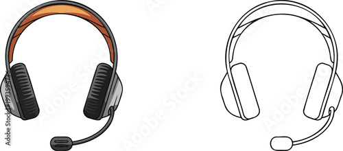 Gaming headphones illustration & outline set isolated on transparent background