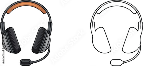 Gaming headphones illustration & outline set isolated on transparent background