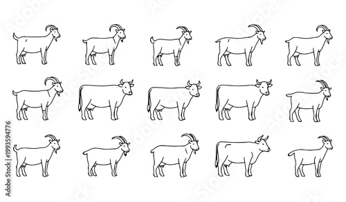 Simple Line Art Goat and Cow Breeds Collection Farm Animal Outline Vector Set