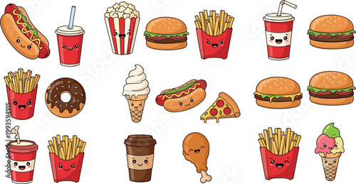 Cute Cartoon Fast Food Character Set Featuring Burgers, Fries, Drinks, Pizza, Ice Cream, Donut, and Snacks with Smiling Faces for Kids Menu Design