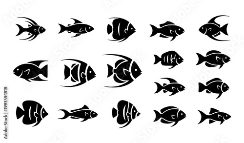 Minimal Black Fish Silhouette Set Aquarium Ocean Life Vector Illustration Collection
